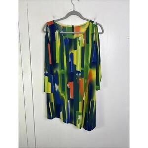 IC By Connie K Top Womens Medium Colorful Artsy Asymmetrical Hem Cold Shoulder